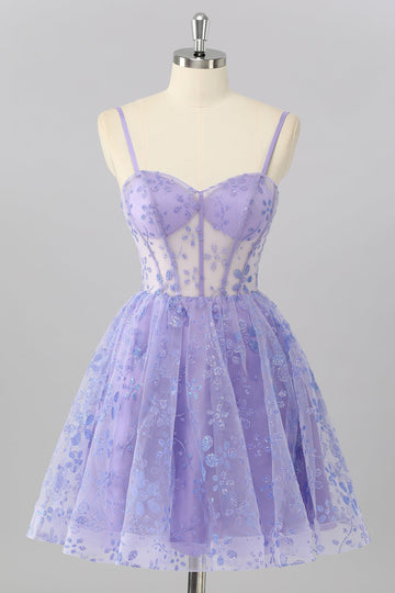 Purple A Line Spaghetti Straps Corset Sequin Cocktail Dress